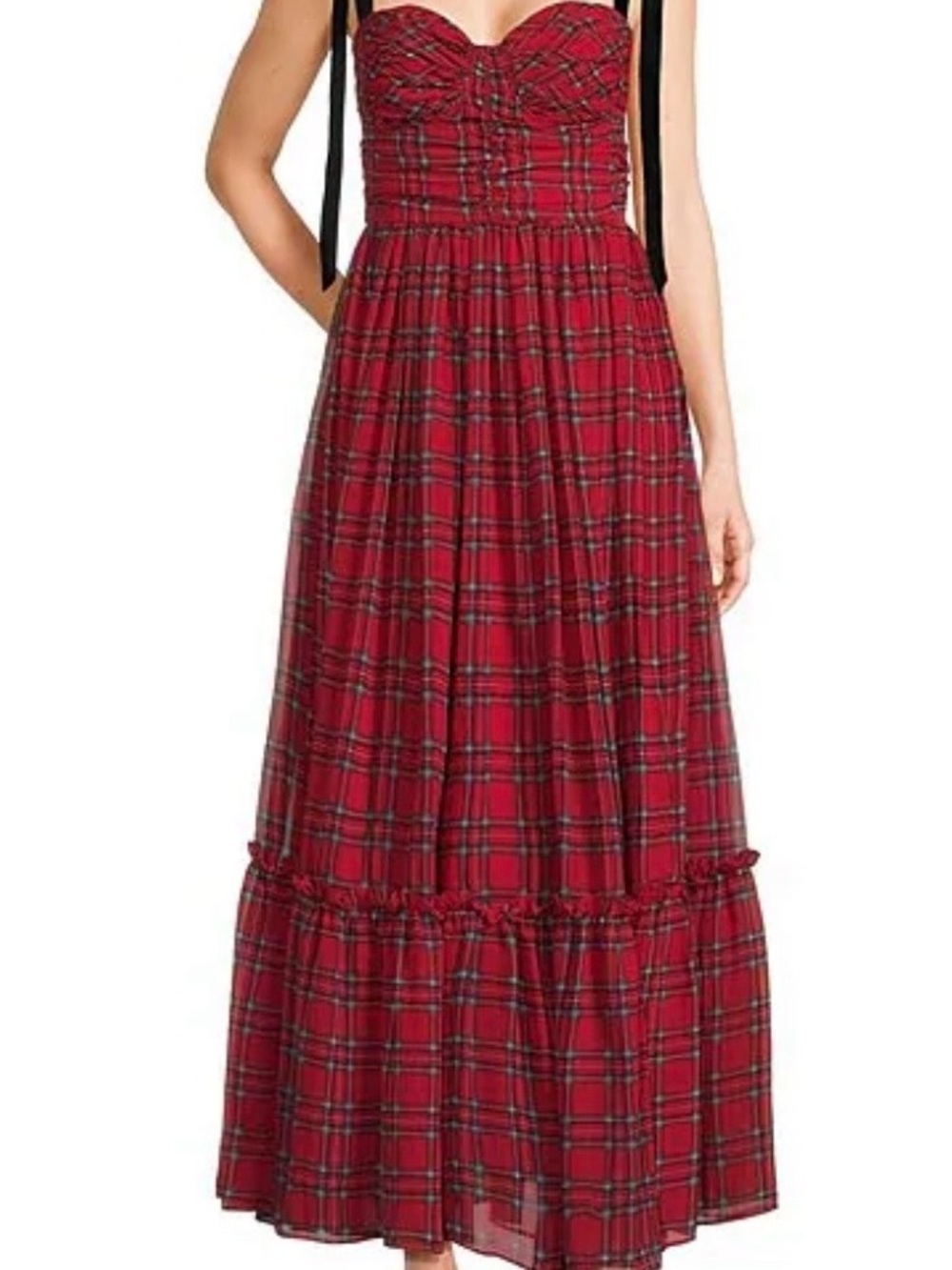 B Darlin Bustier Bodice Red Plaid Maxi Dress with Tie Straps